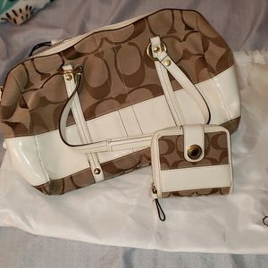 Brown with white leather Coach bag with matching w